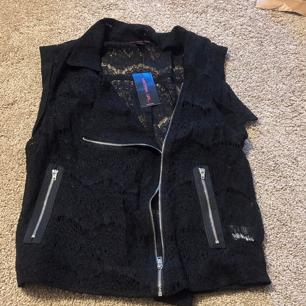 Material Girl Black Lace Vest with Silver Zippers